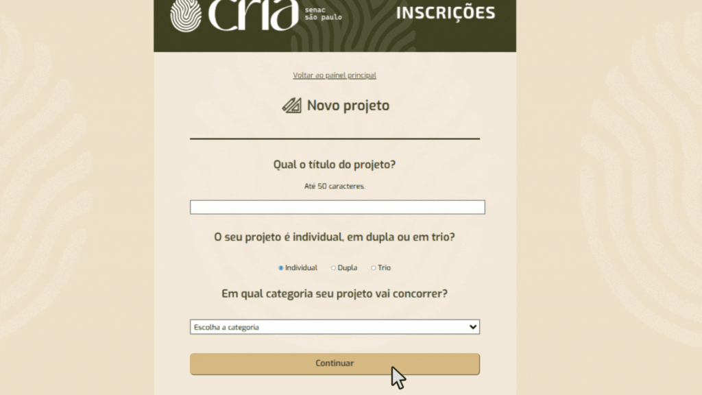 cadastro do seu projeto